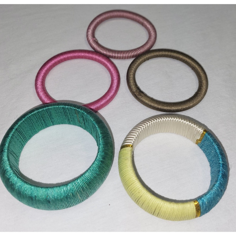 Boho Thread Wrapped Bangles Set of 5 Colorful Festival Bracelets Mixed 2.5" Vtg